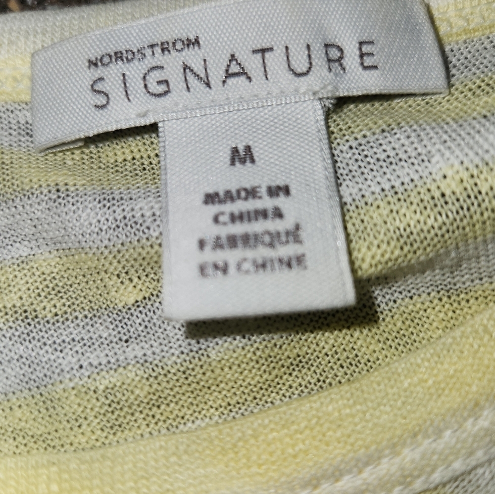 Nordstrom Signature 100% Linen Yellow/White Striped 3/4 Sleeve Top Size M Light - Picture 6 of 8